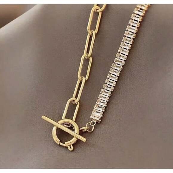 Gold Plated Paper clip cubic Zircon necklace choker womens jewelry - Picture 7 of 13